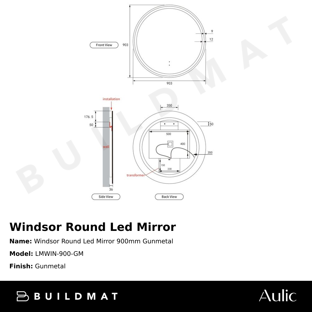 Windsor Round LED Mirror 900mm Gunmetal