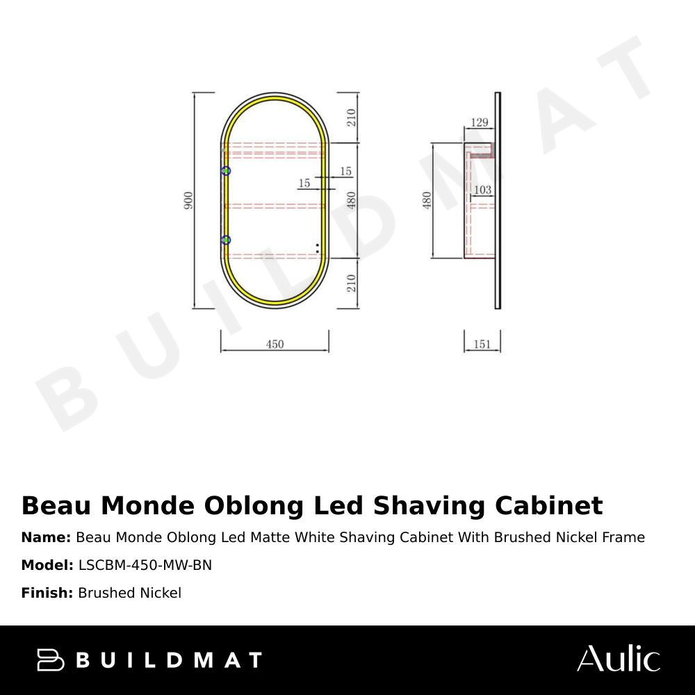 Beau Monde Oblong LED Matte White Shaving Cabinet With Brushed Nickel Frame