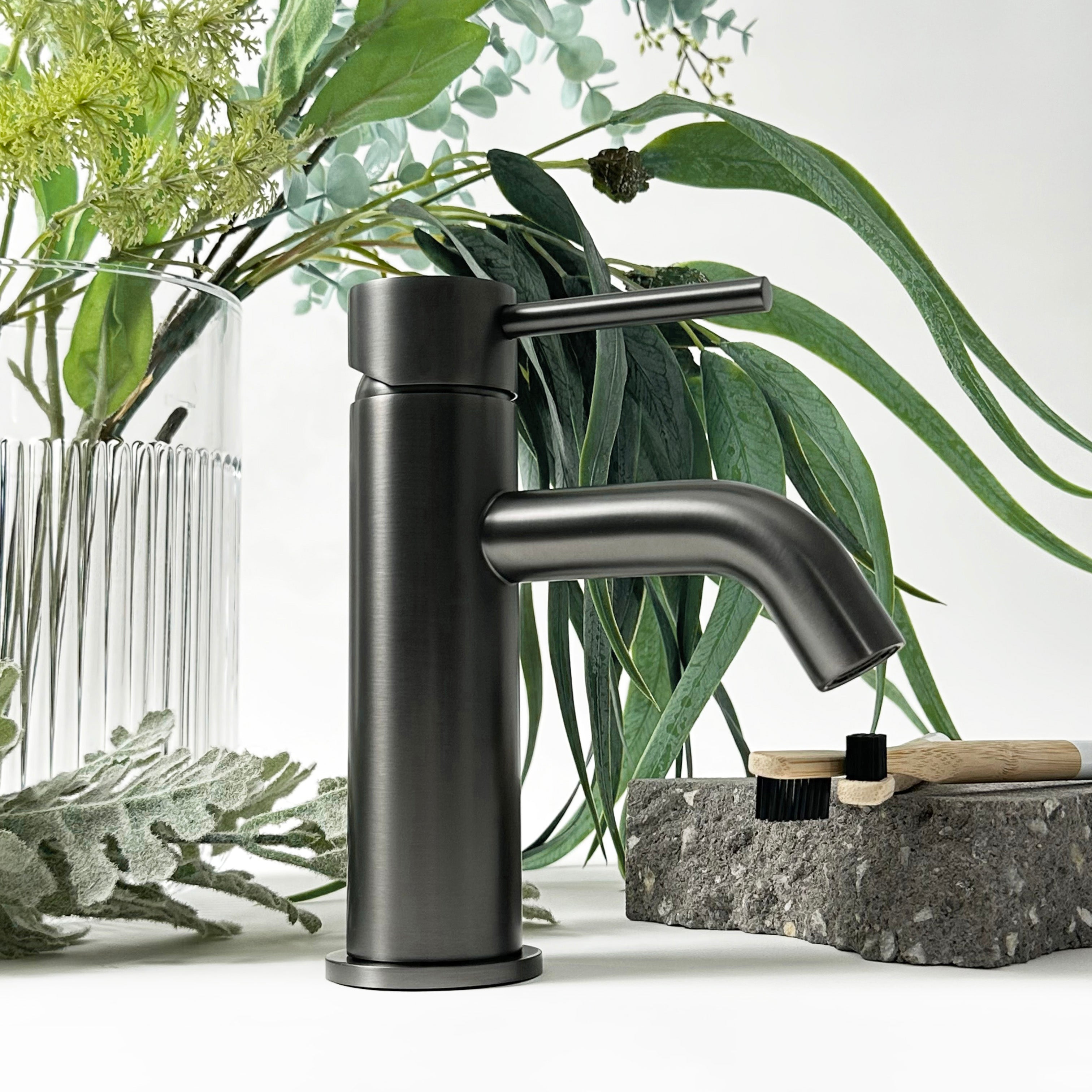 Mira Brushed Gunmetal Short Basin Mixer