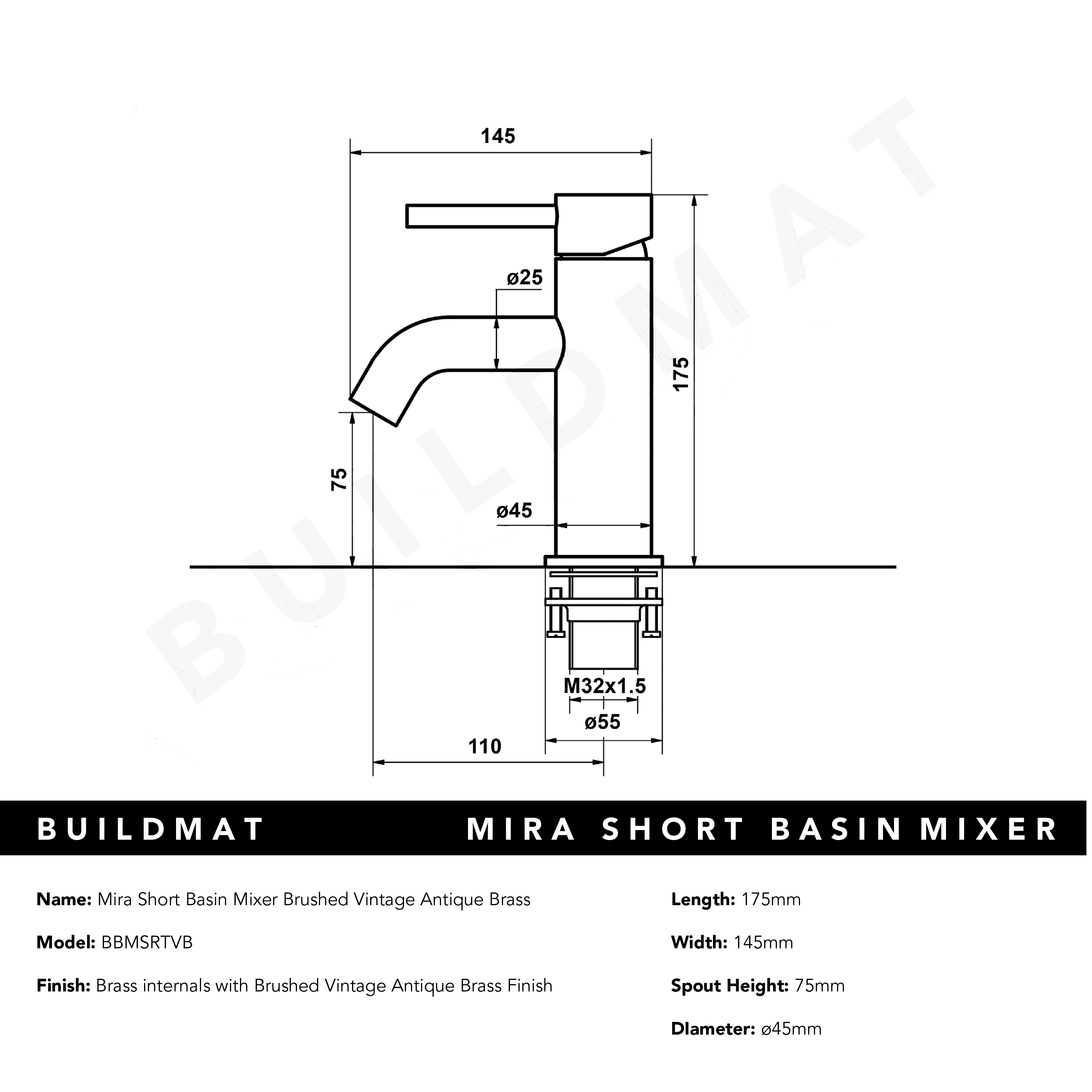 Mira Brushed Vintage Antique Brass Short Basin Mixer