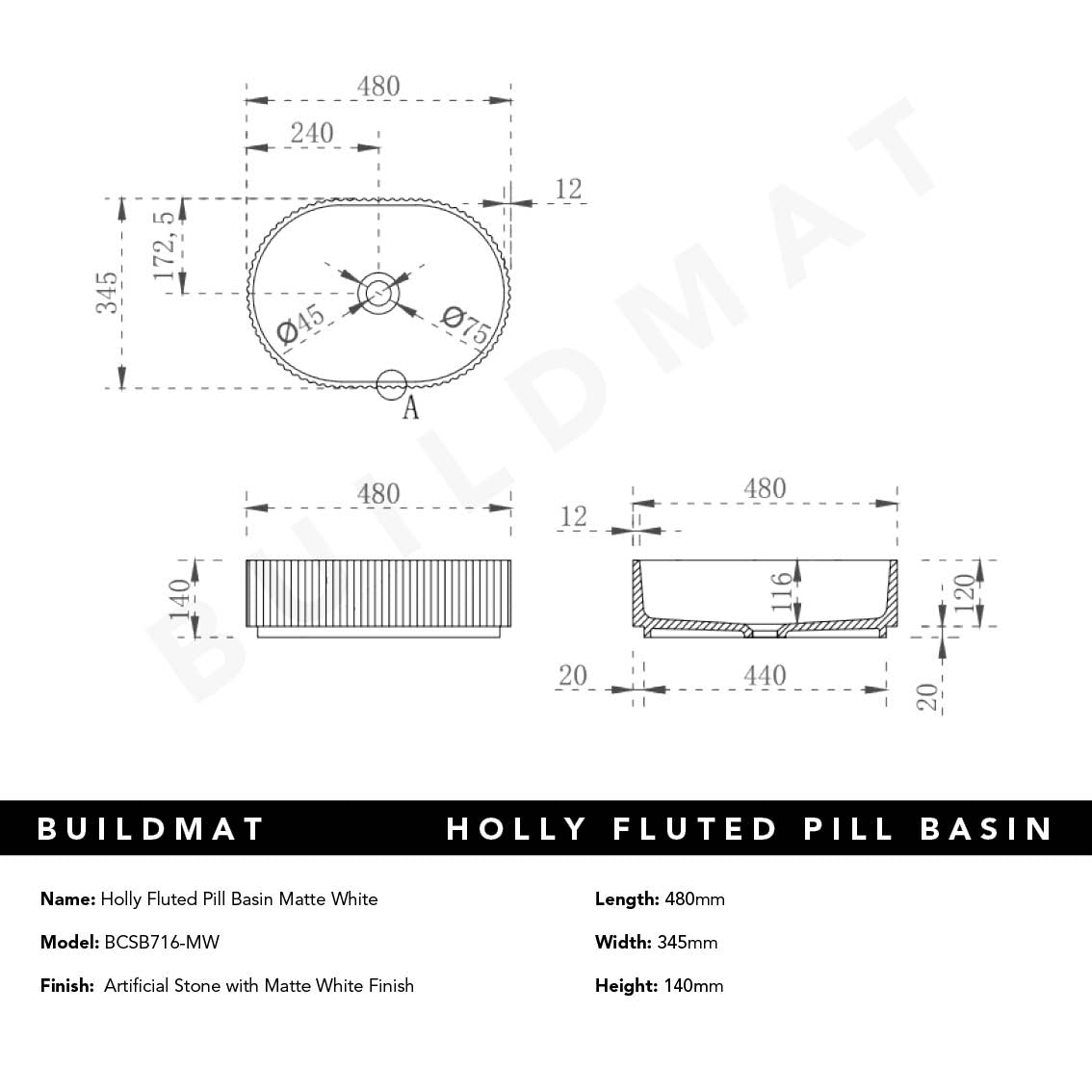 Holly Matte White Fluted Pill Basin