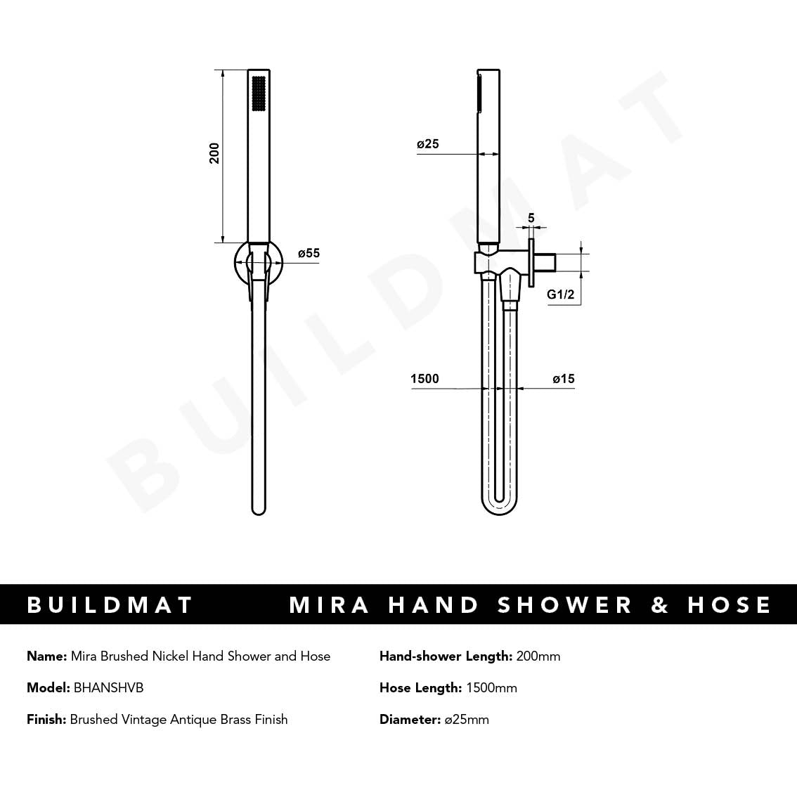 Mira Brushed Vintage Antique Brass Hand Shower and Hose