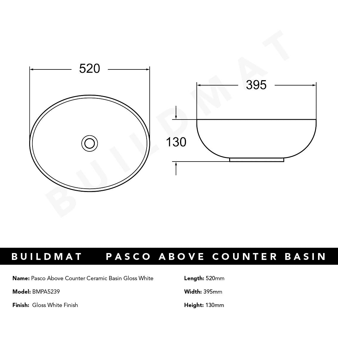 Pasco Gloss White Above Counter Ceramic Basin