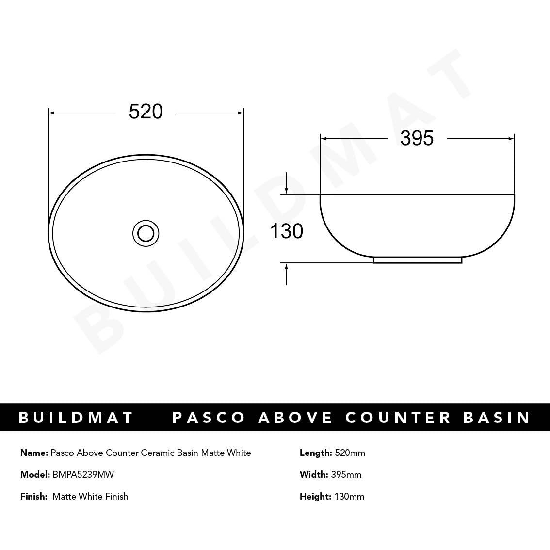 Pasco Matte White Above Counter Ceramic Basin