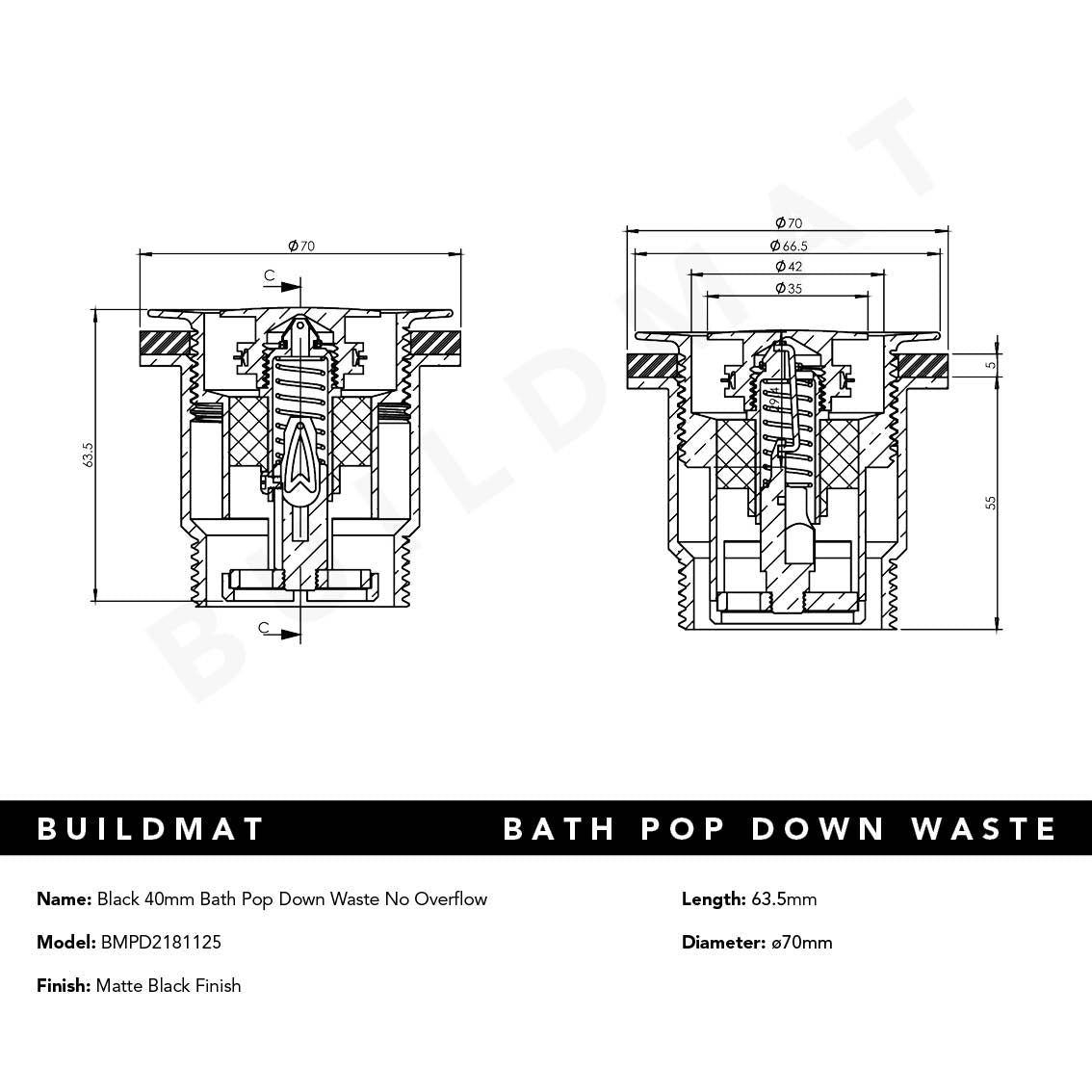 Black 40mm Bath Pop Down Waste No Overflow