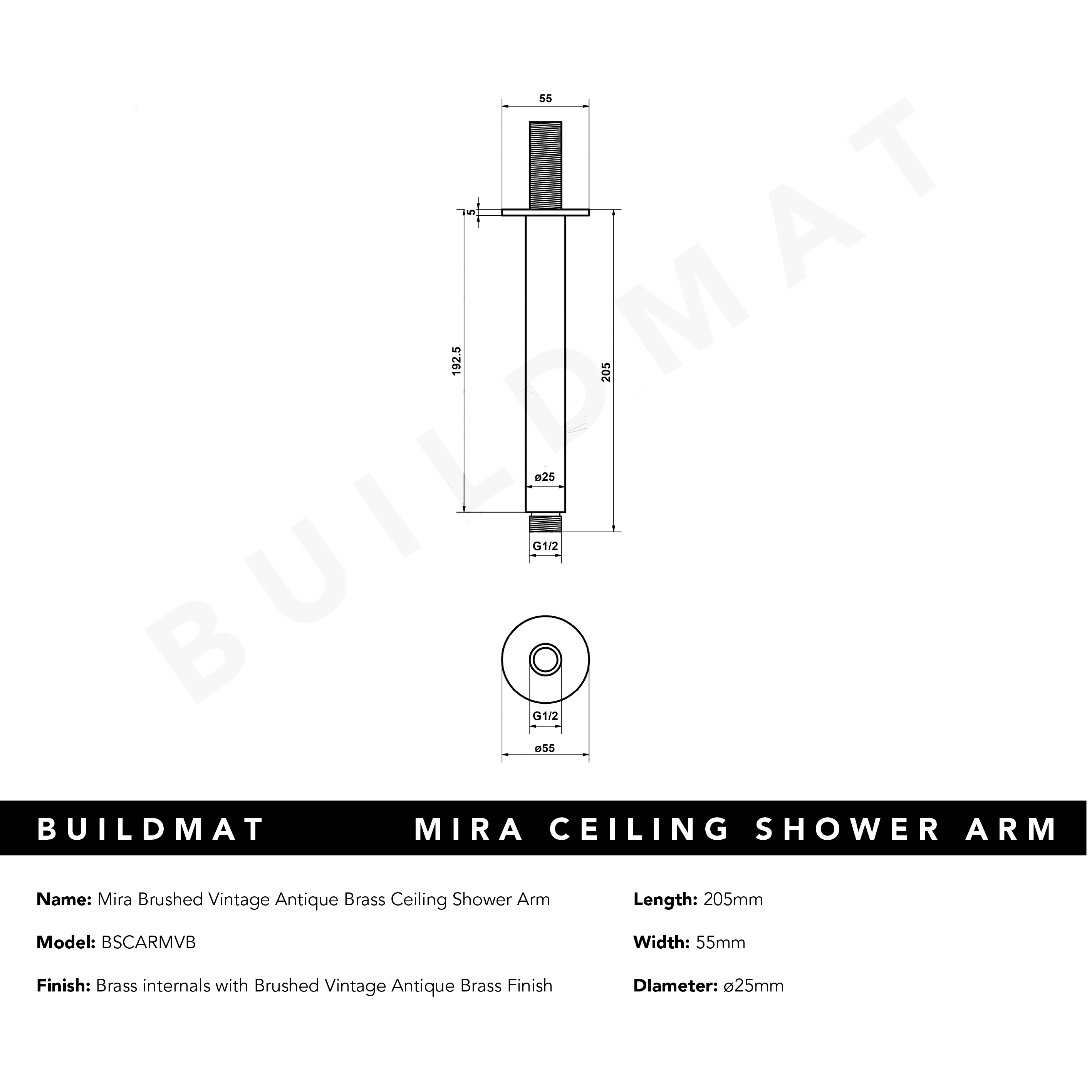 Mira Brushed Vintage Antique Brass Ceiling Shower Arm