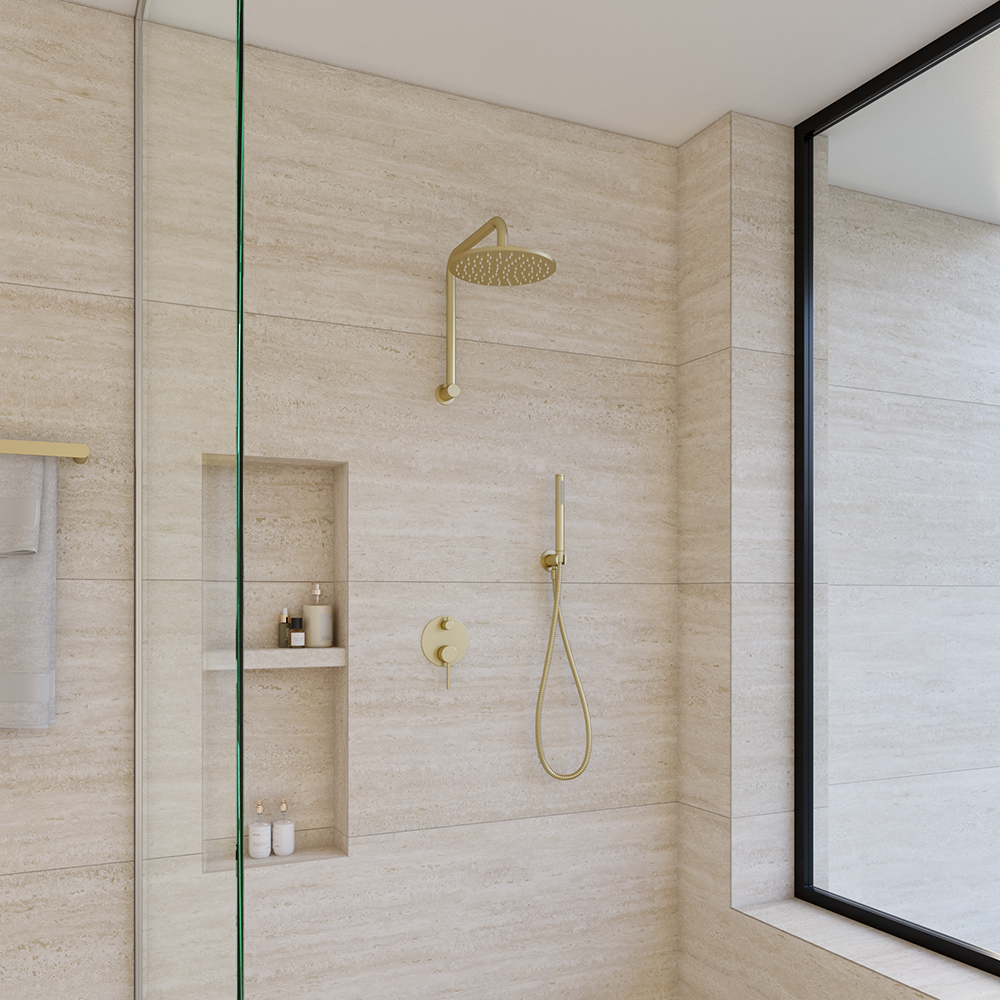 Mira Brushed Brass Gold High Rise Upswept Shower Arm