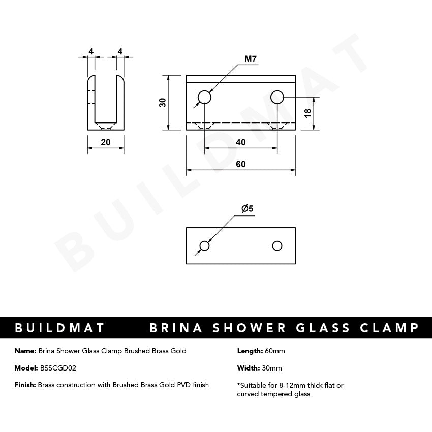 Brina Shower Glass Clamp Brushed Brass Gold