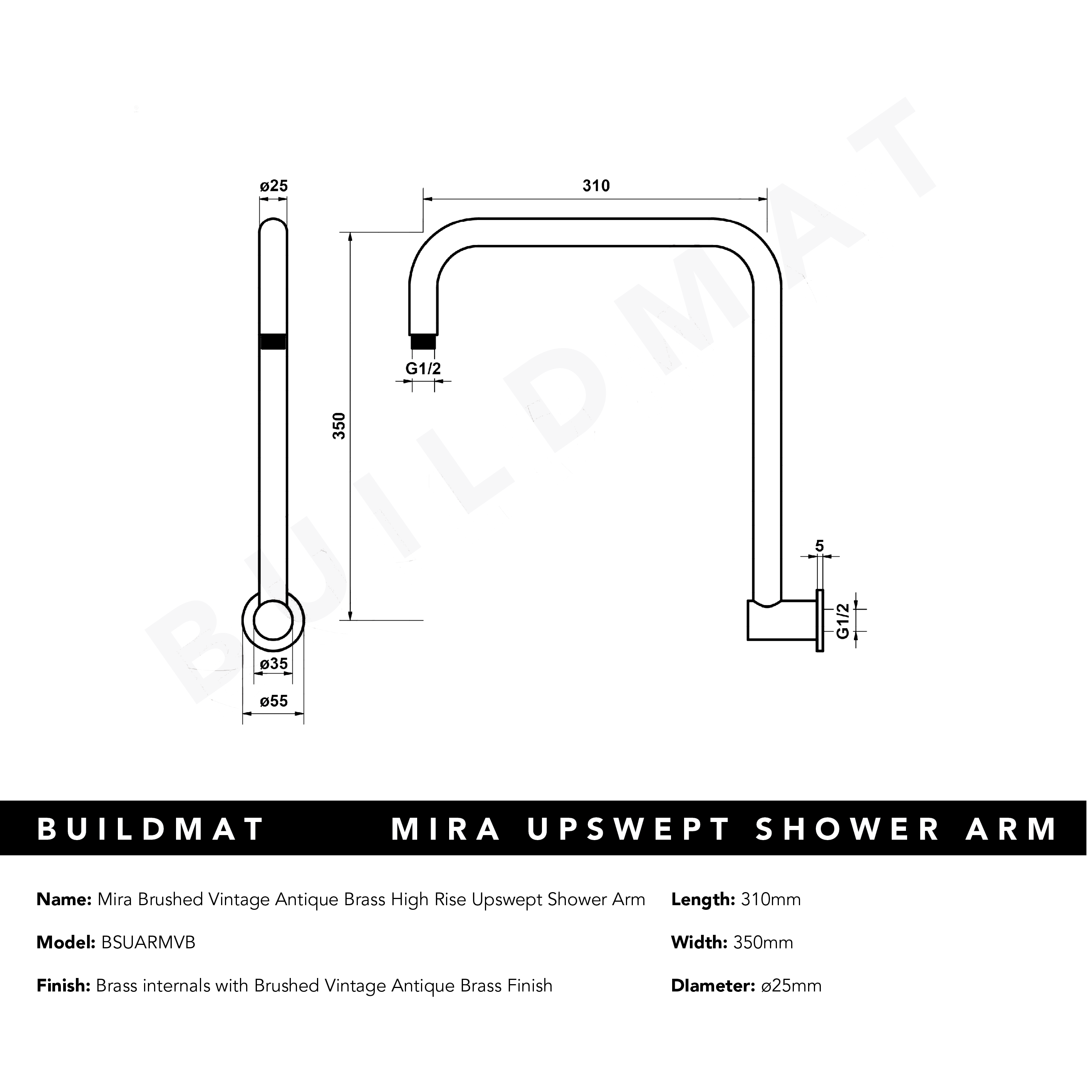 Mira Brushed Vintage Antique Brass High Rise Upswept Shower Arm