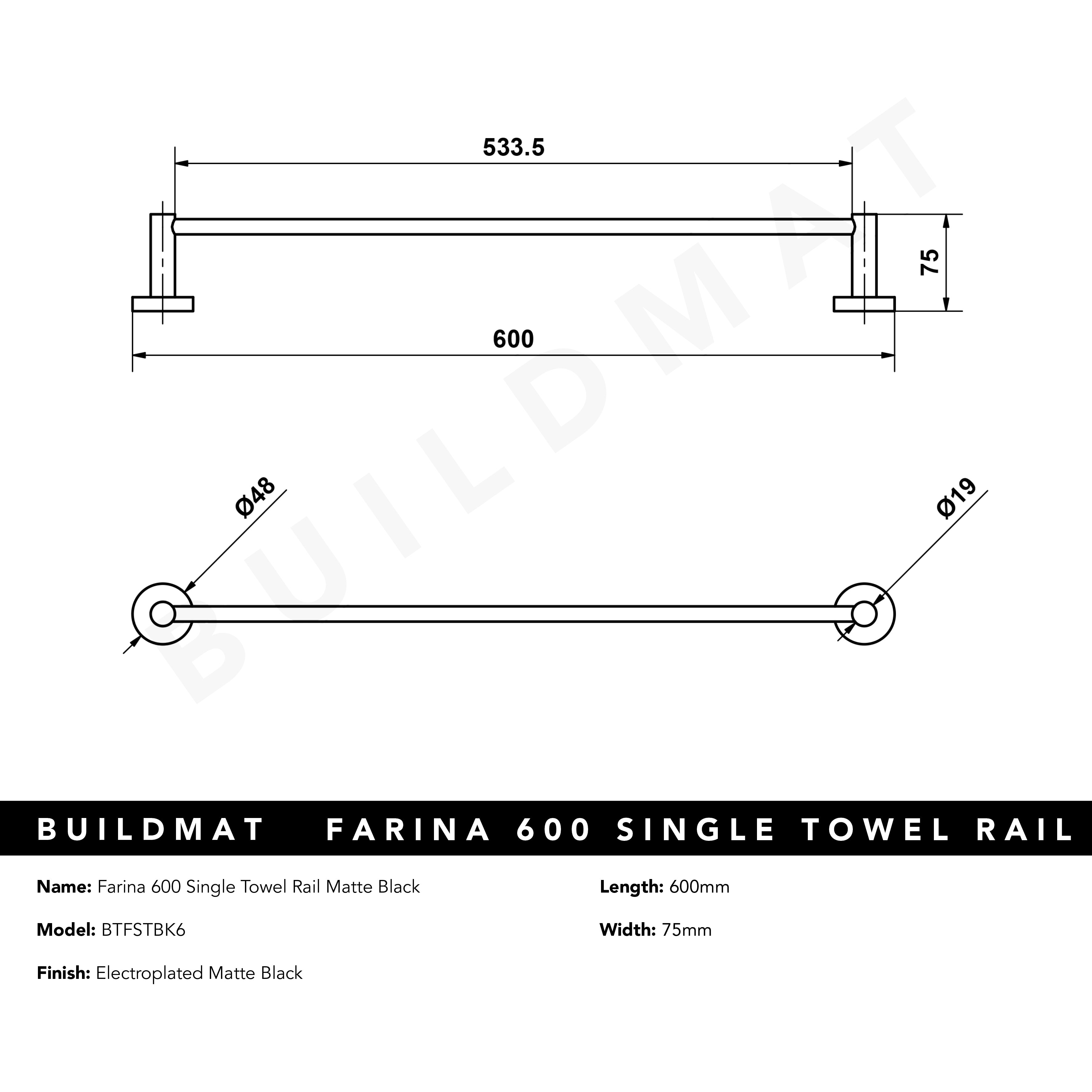 Farina 600 Single Towel Rail Matte Black