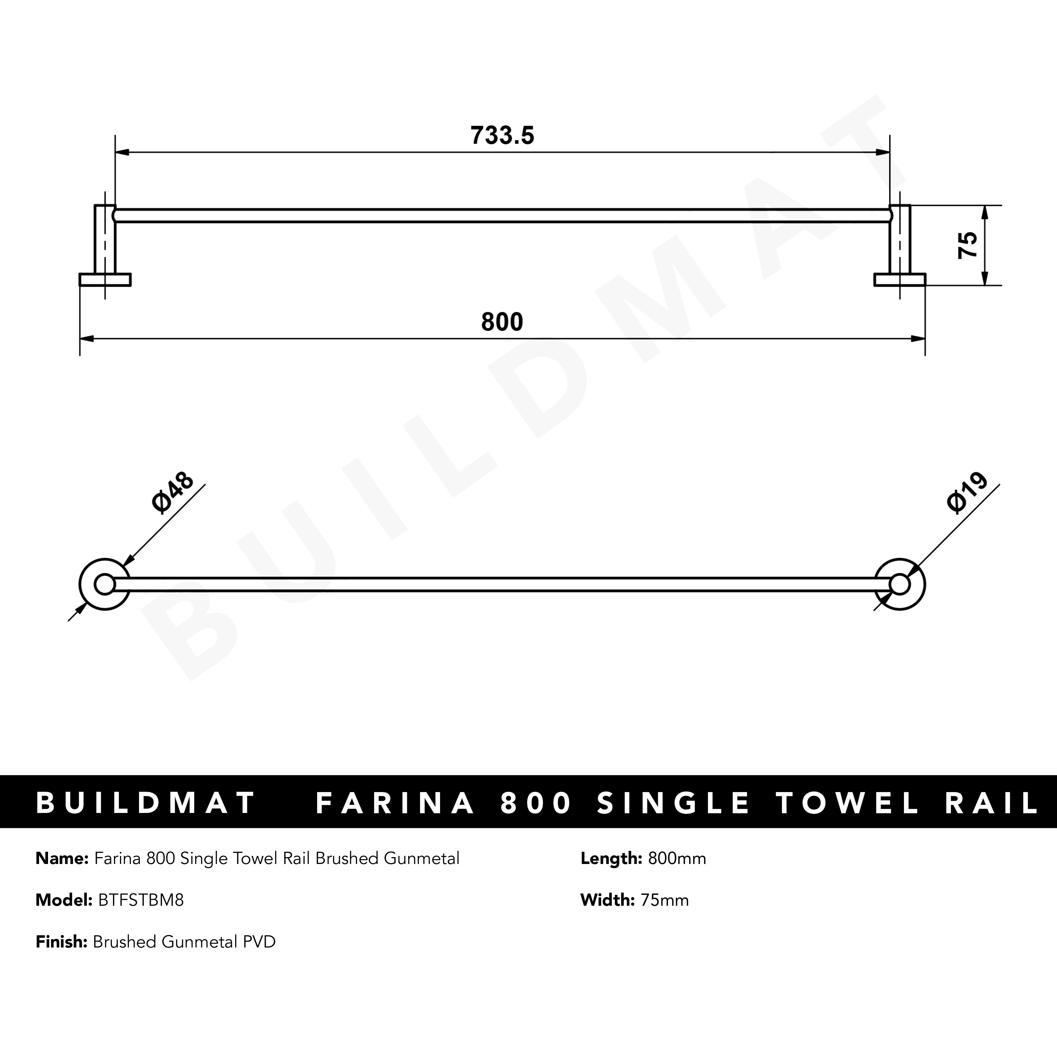 Farina 800 Single Towel Rail Brushed Gunmetal