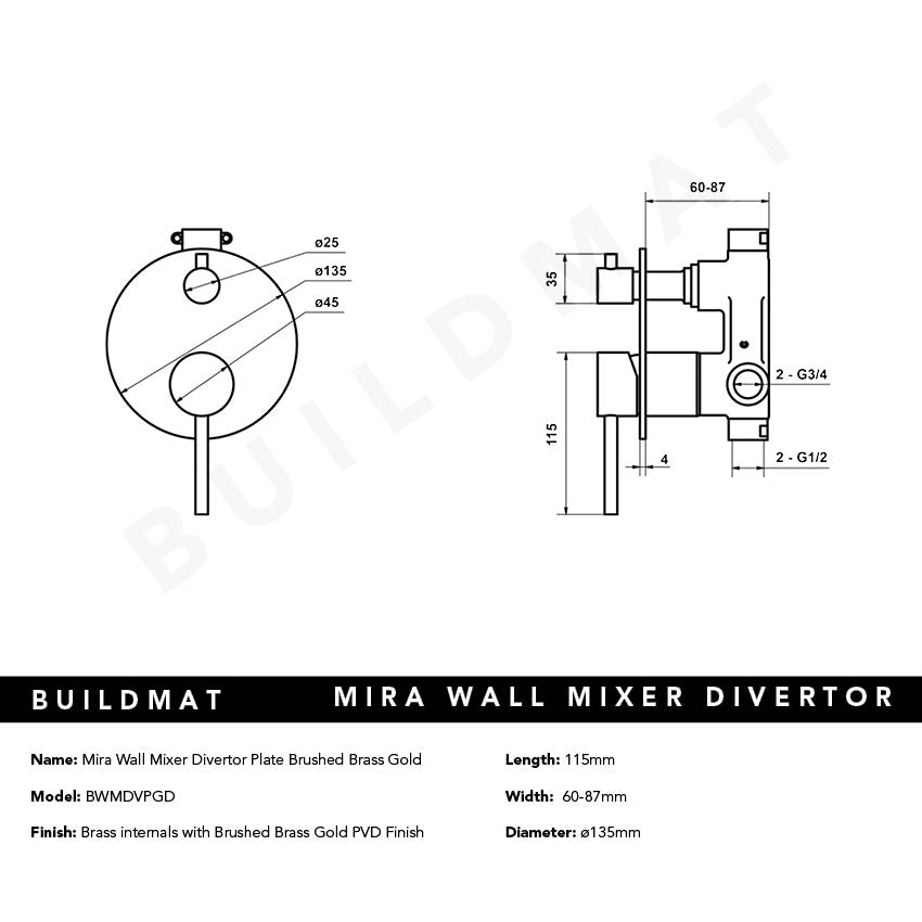 Mira Brushed Brass Gold Wall Mixer Divertor Plate