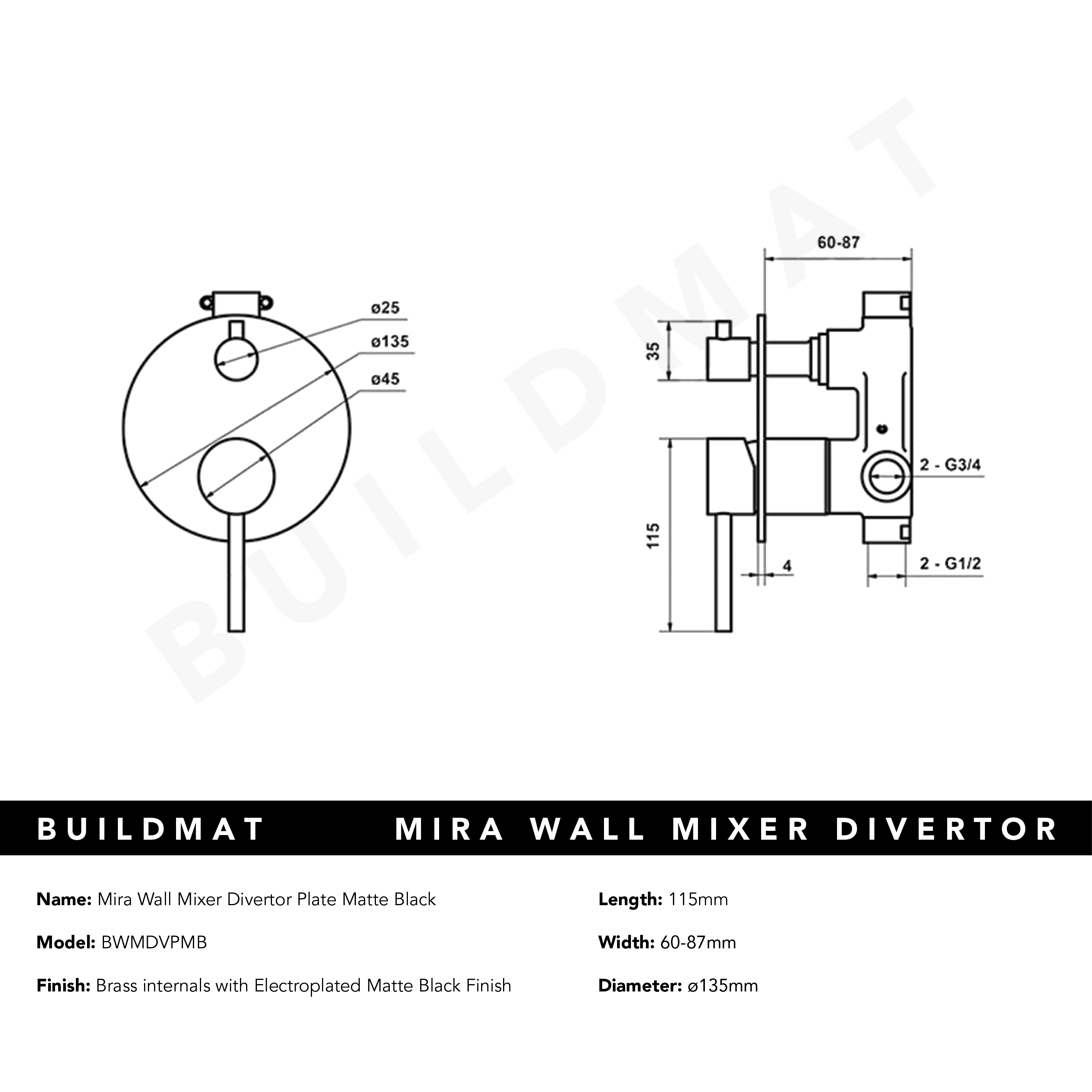 Mira Matte Black Wall Mixer Divertor Plate