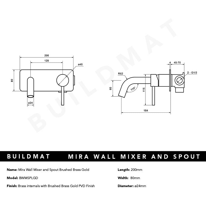 Mira Brushed Brass Gold Wall Mixer and Spout