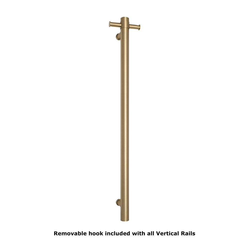 Straight Round Vertical Single Heated Towel Rail Brushed Brass Gold