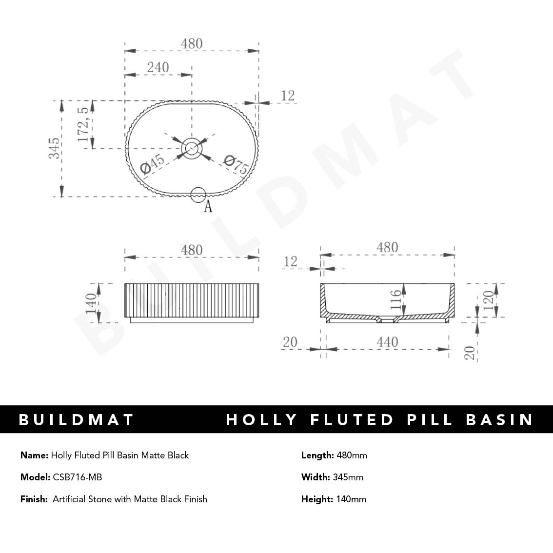 Holly Matte Black Fluted Pill Basin