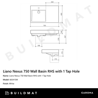 Liano Nexus 750 Wall Basin RHS with 1 Tap Hole