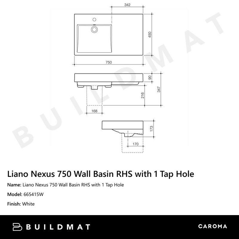 Liano Nexus 750 Wall Basin RHS with 1 Tap Hole