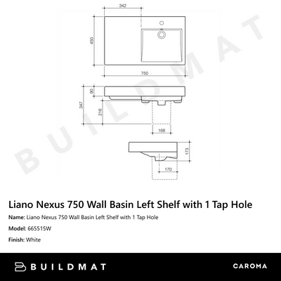 Liano Nexus 750 Wall Basin Left Shelf with 1 Tap Hole