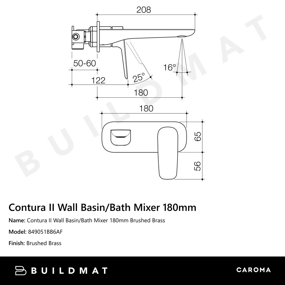 Contura II Wall Basin/Bath Mixer 180mm Brushed Brass