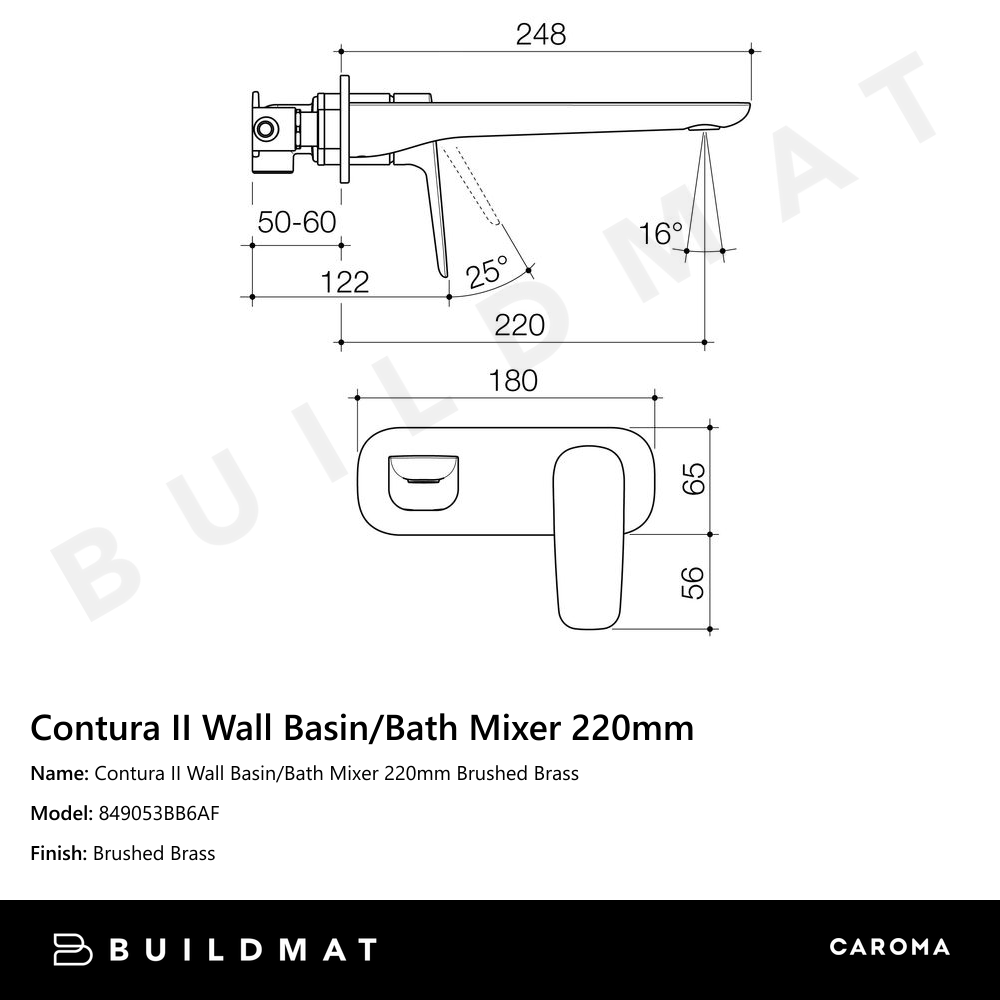 Contura II Wall Basin/Bath Mixer 220mm Brushed Brass