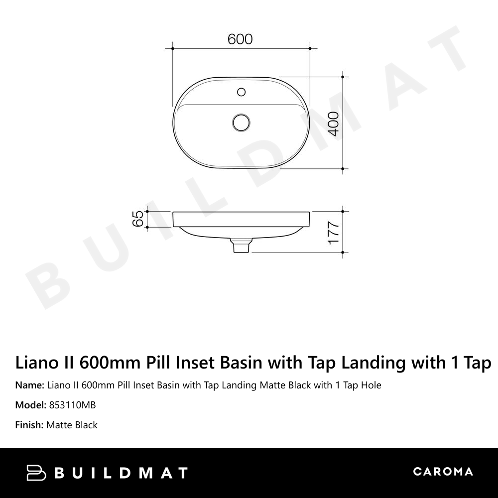 Liano II 600mm Pill Inset Basin with Tap Landing Matte Black with 1 Tap Hole