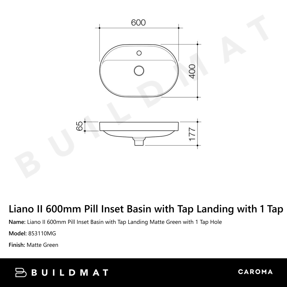 Liano II 600mm Pill Inset Basin with Tap Landing Matte Green with 1 Tap Hole