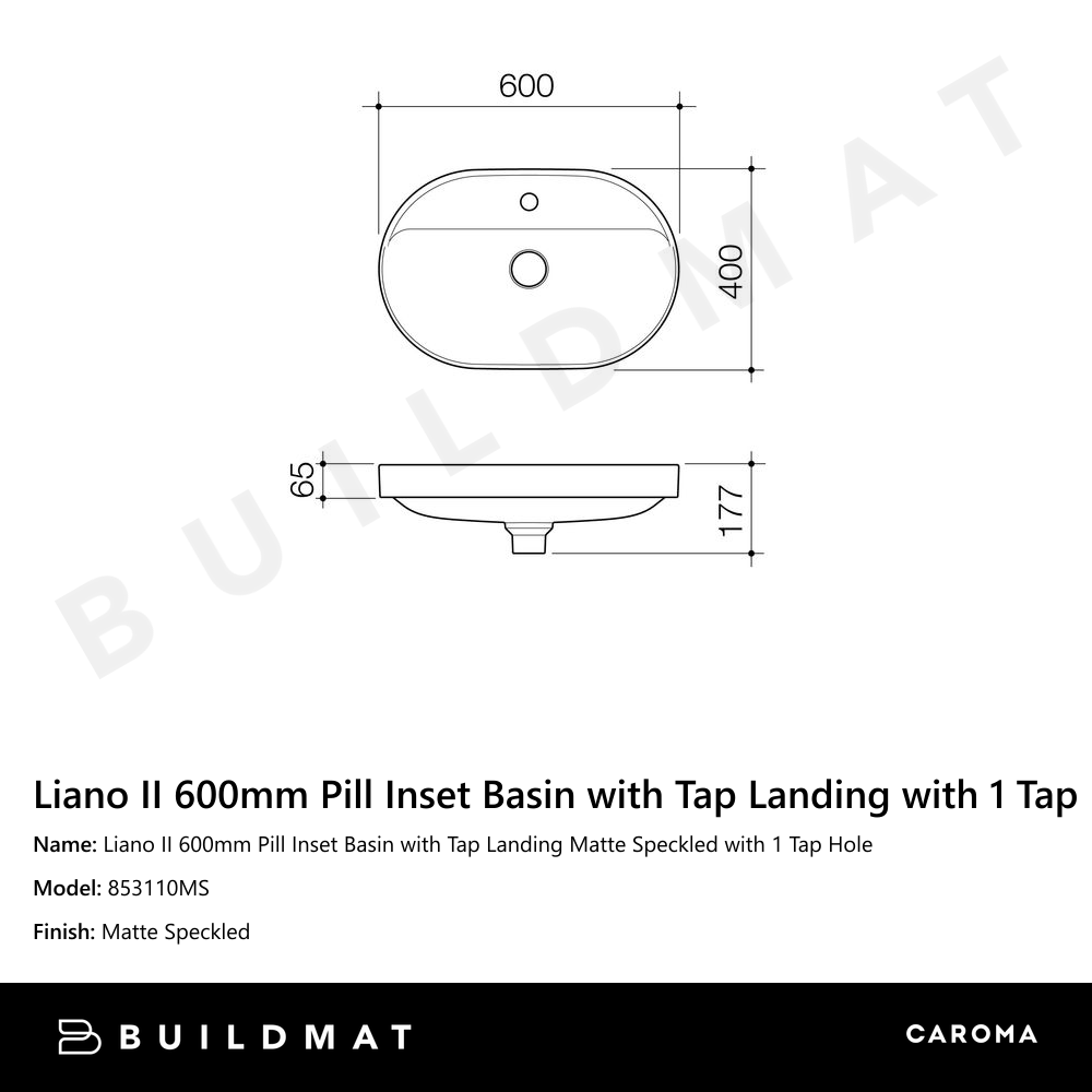 Liano II 600mm Pill Inset Basin with Tap Landing Matte Speckled with 1 Tap Hole