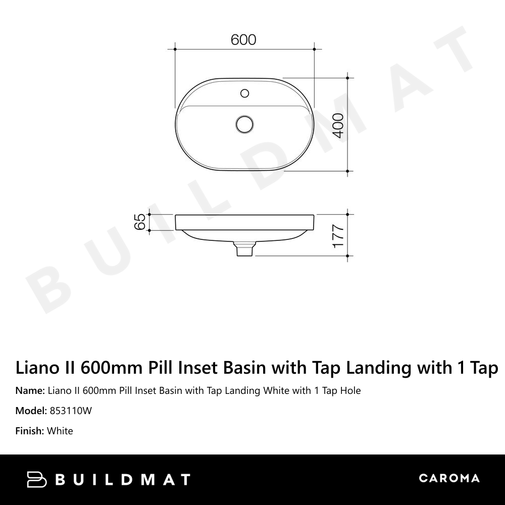 Liano II 600mm Pill Inset Basin with Tap Landing White with 1 Tap Hole