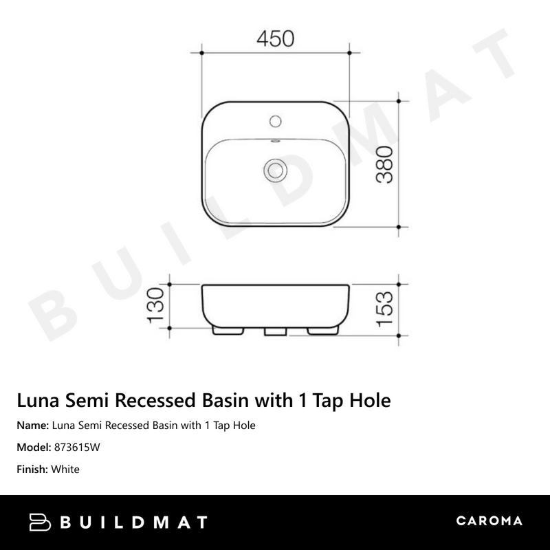 Luna Semi Recessed Basin with 1 Tap Hole