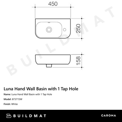 Luna Hand Wall Basin with 1 Tap Hole