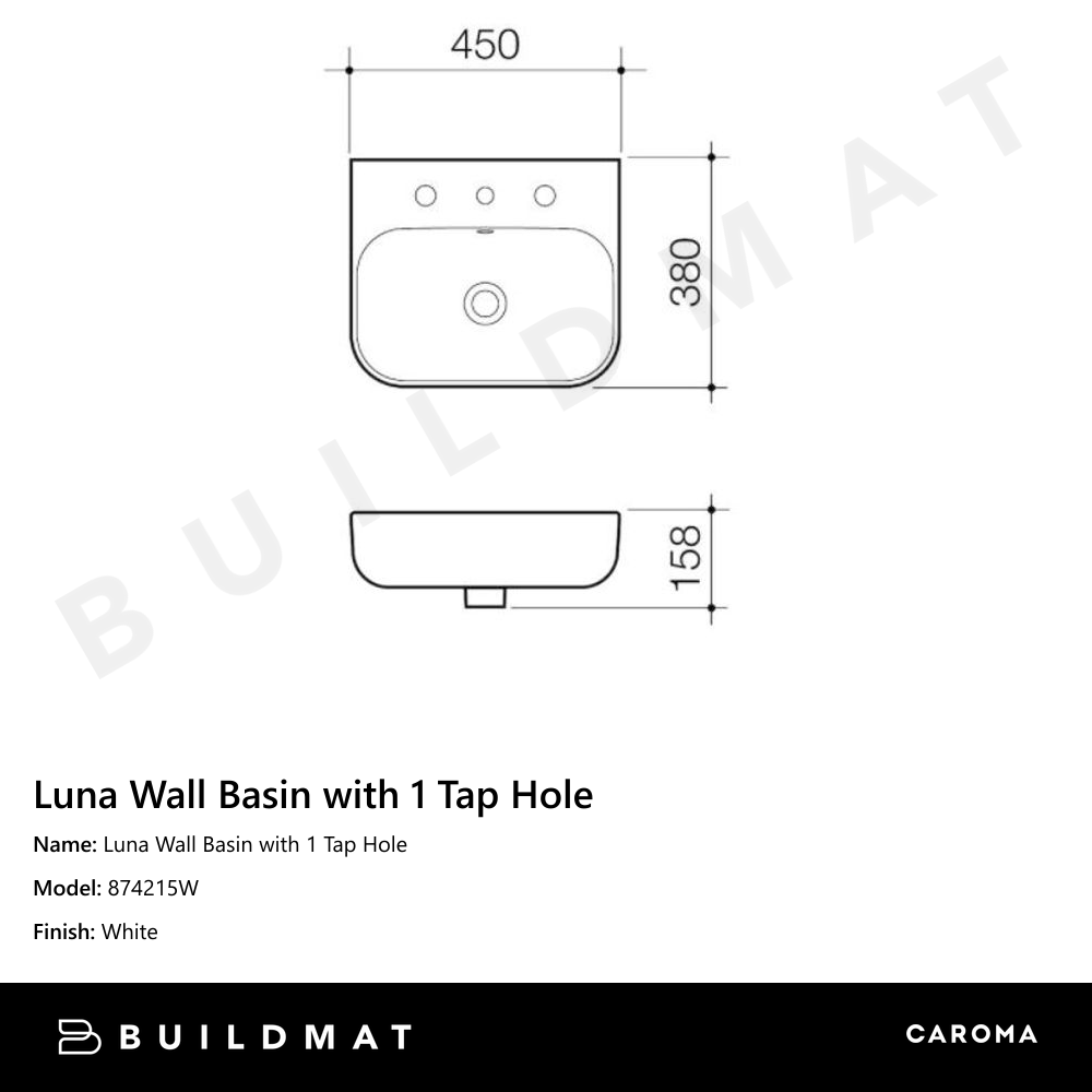 Luna Wall Basin with 1 Tap Hole