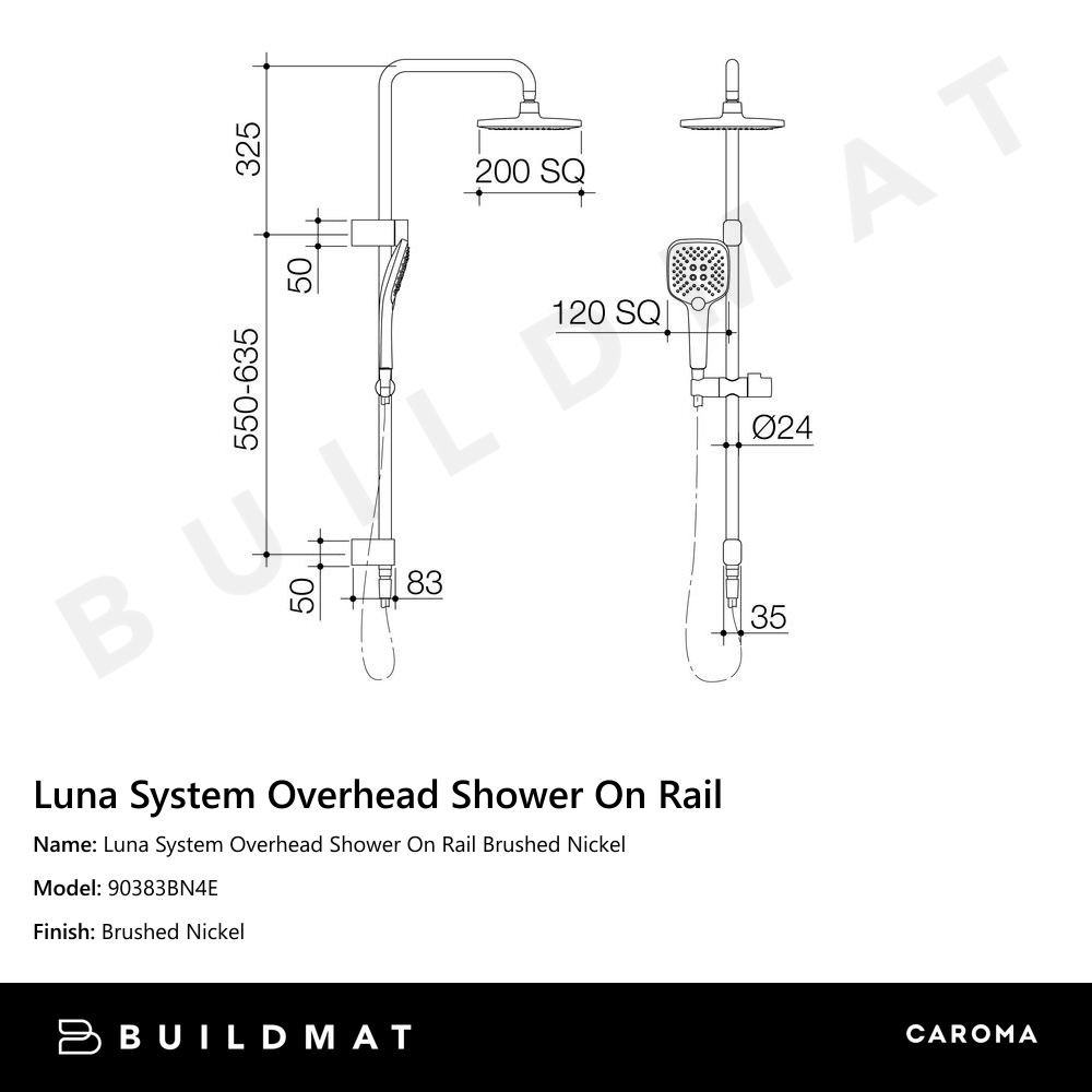 Luna System Overhead Shower On Rail Brushed Nickel