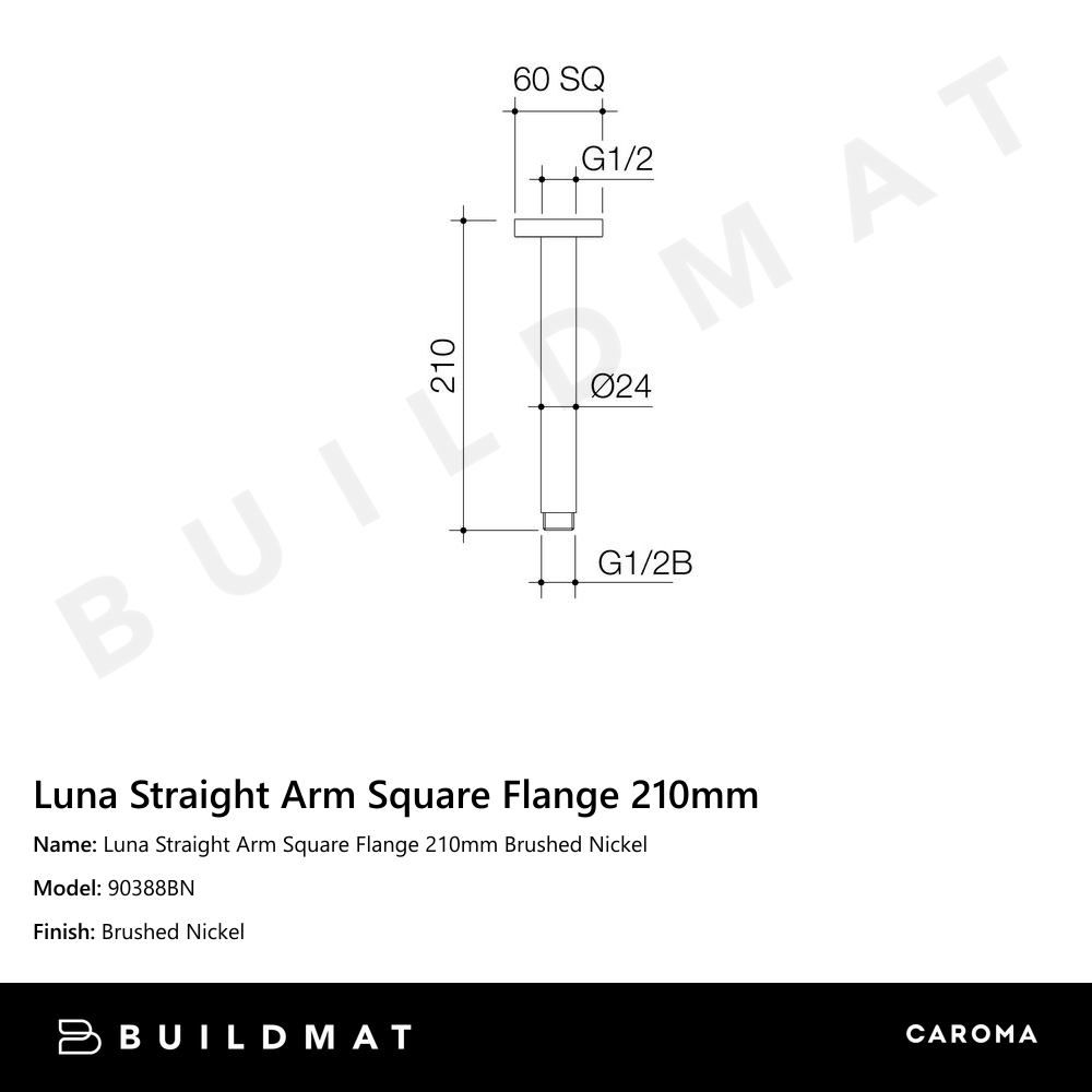 Luna Straight Arm Square Flange 210mm Brushed Nickel