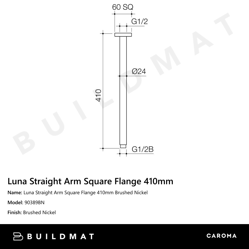 Luna Straight Arm Square Flange 410mm Brushed Nickel