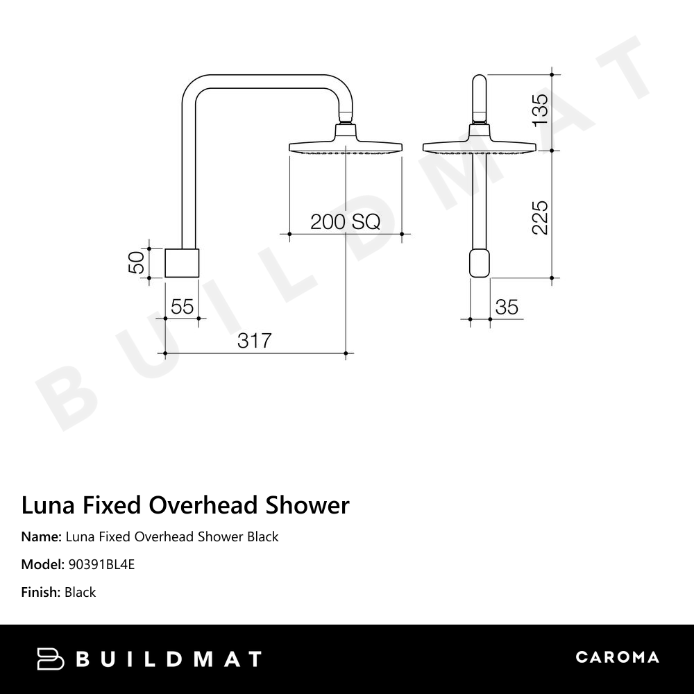 Luna Fixed Overhead Shower Black