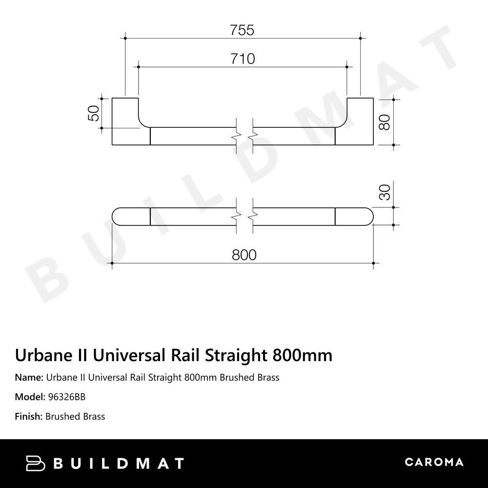 Urbane II Universal Rail Straight 800mm Brushed Brass