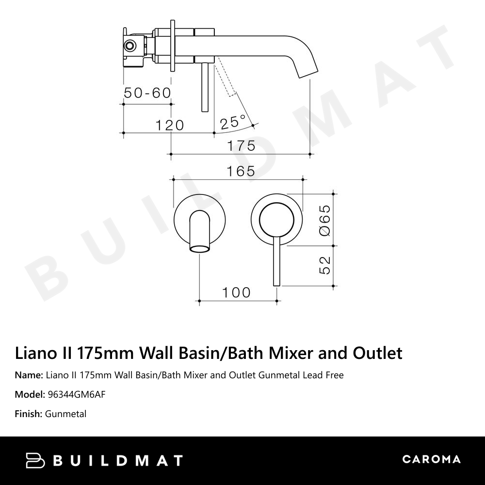 Liano II 175mm Wall Basin/Bath Mixer and Outlet Gunmetal Lead Free