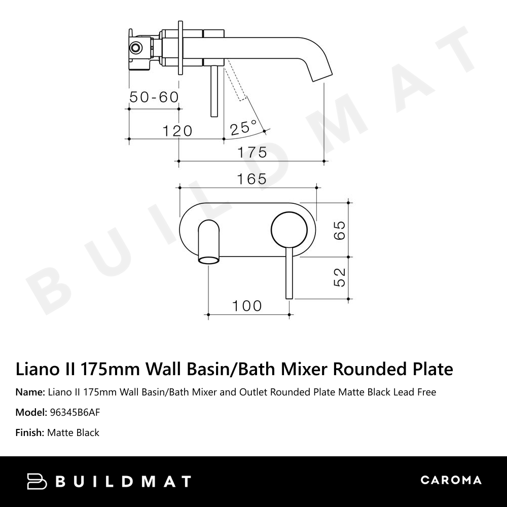 Liano II 175mm Wall Basin/Bath Mixer and Outlet Rounded Plate Matte Black Lead Free