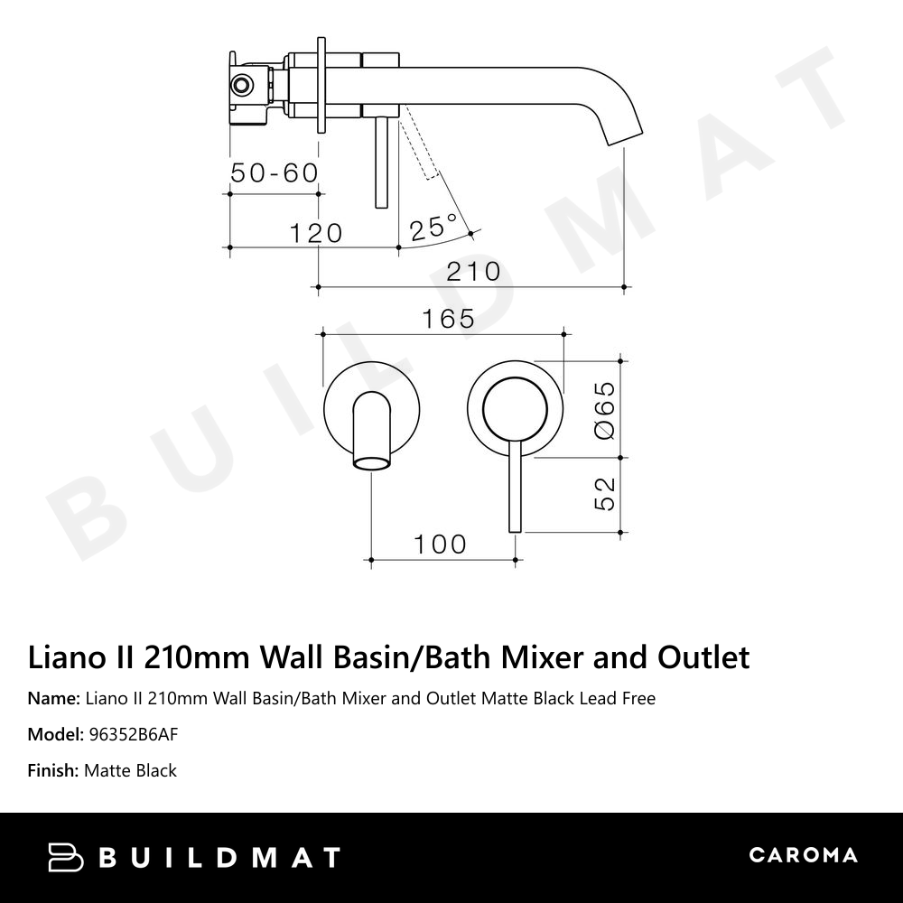 Liano II 210mm Wall Basin/Bath Mixer and Outlet Matte Black Lead Free