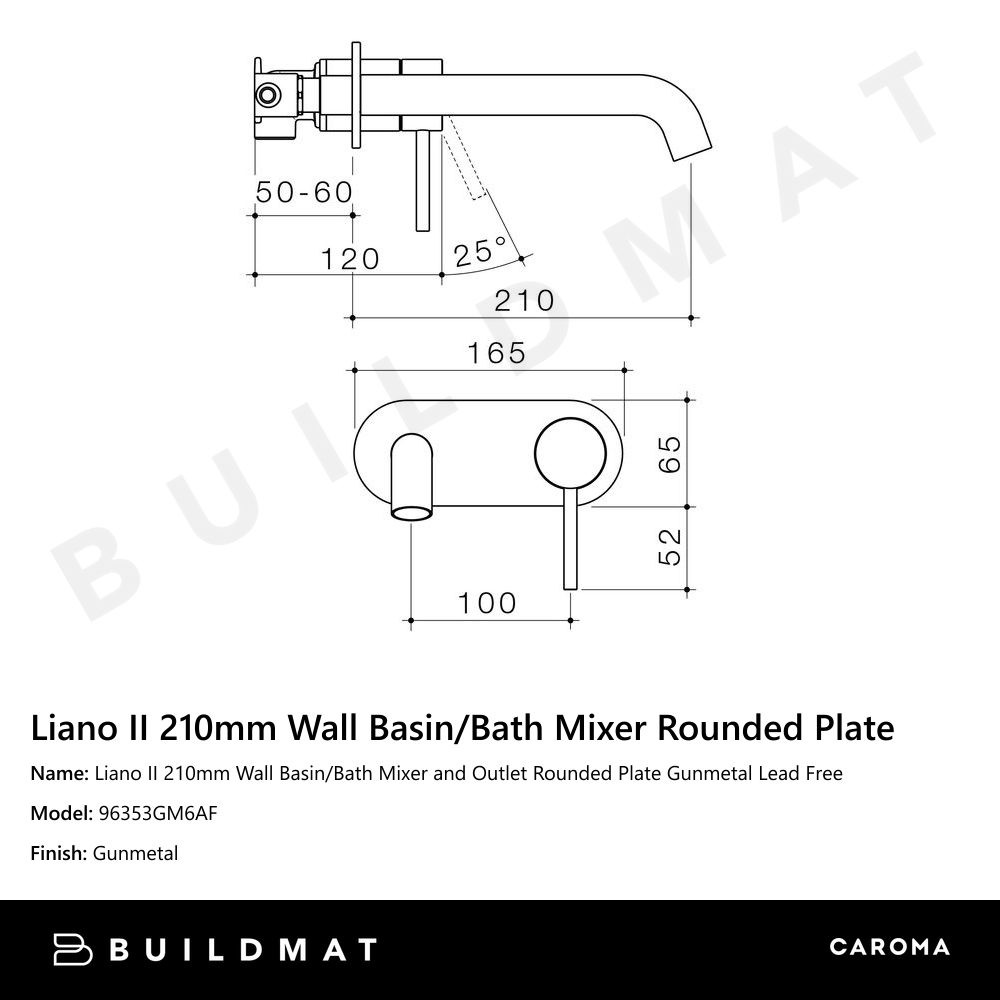 Liano II 210mm Wall Basin/Bath Mixer and Outlet Rounded Plate Gunmetal Lead Free