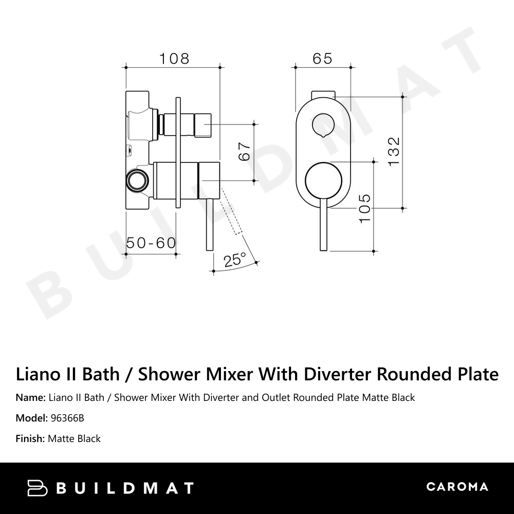 Liano II Bath / Shower Mixer With Diverter and Outlet Rounded Plate Matte Black