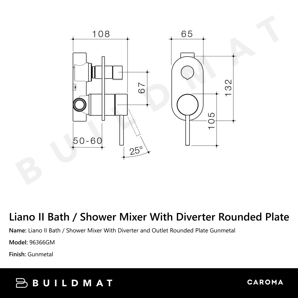 Liano II Bath / Shower Mixer With Diverter and Outlet Rounded Plate Gunmetal