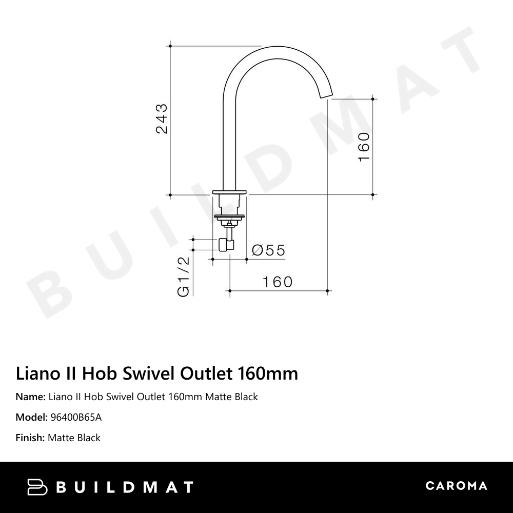 Liano II Hob Swivel Outlet 160mm Matte Black