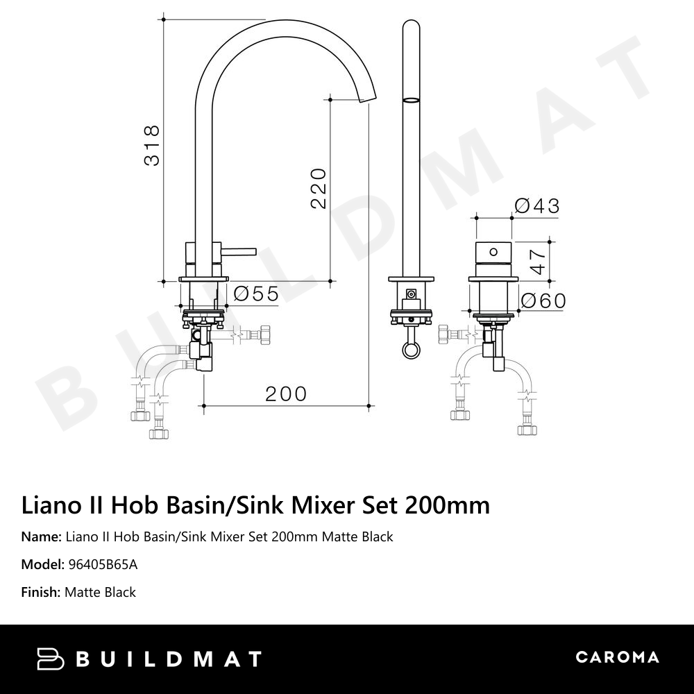 Liano II Hob Basin/Sink Mixer Set 200mm Matte Black