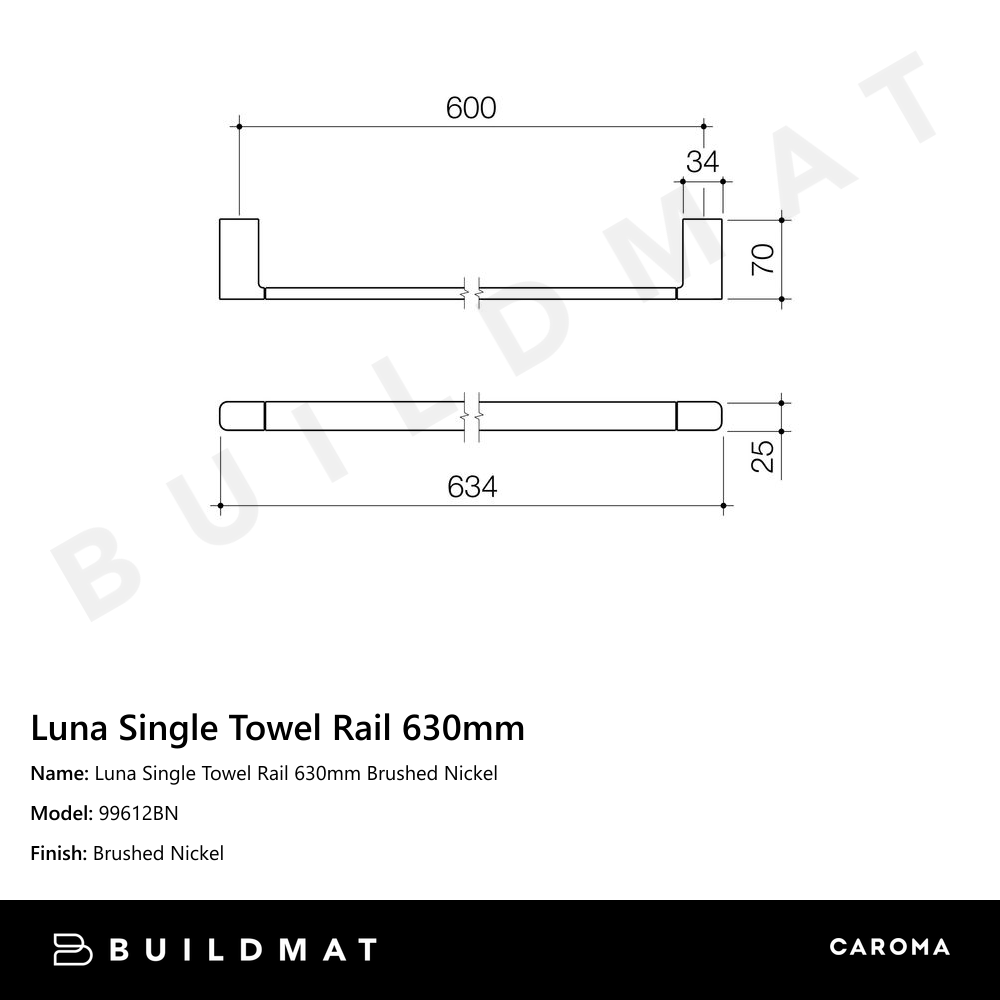 Luna Single Towel Rail 630mm Brushed Nickel