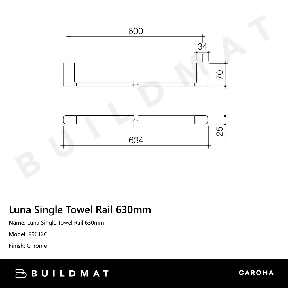 Luna Single Towel Rail 630mm