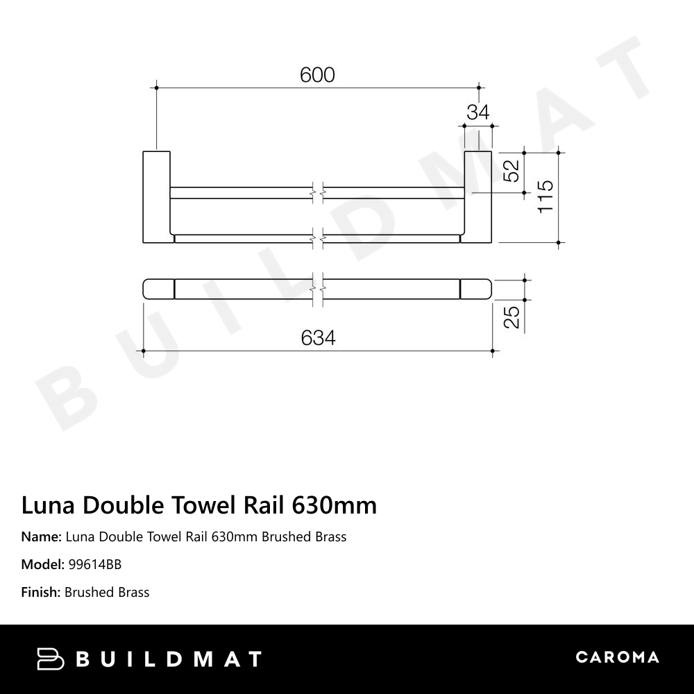 Luna Double Towel Rail 630mm Brushed Brass