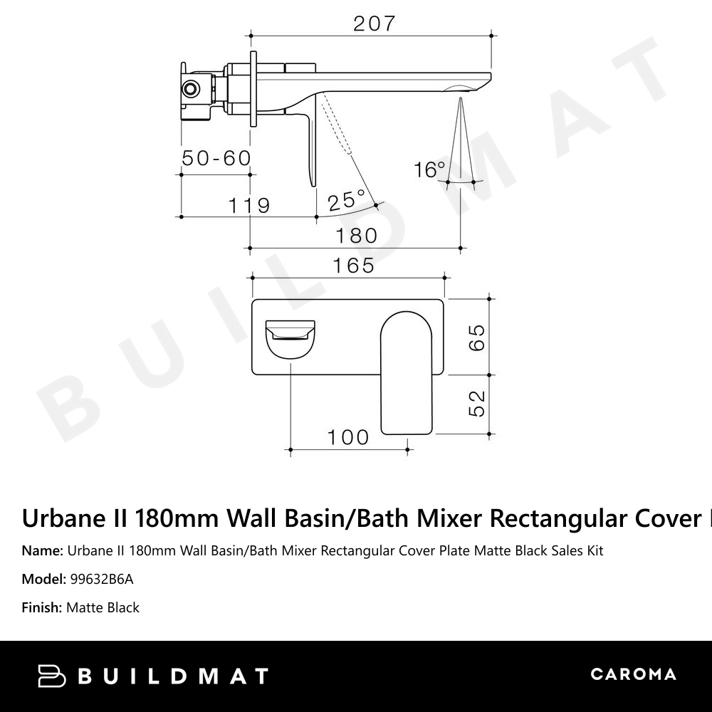 Urbane II 180mm Wall Basin/Bath Mixer Rectangular Cover Plate Matte Black Sales Kit