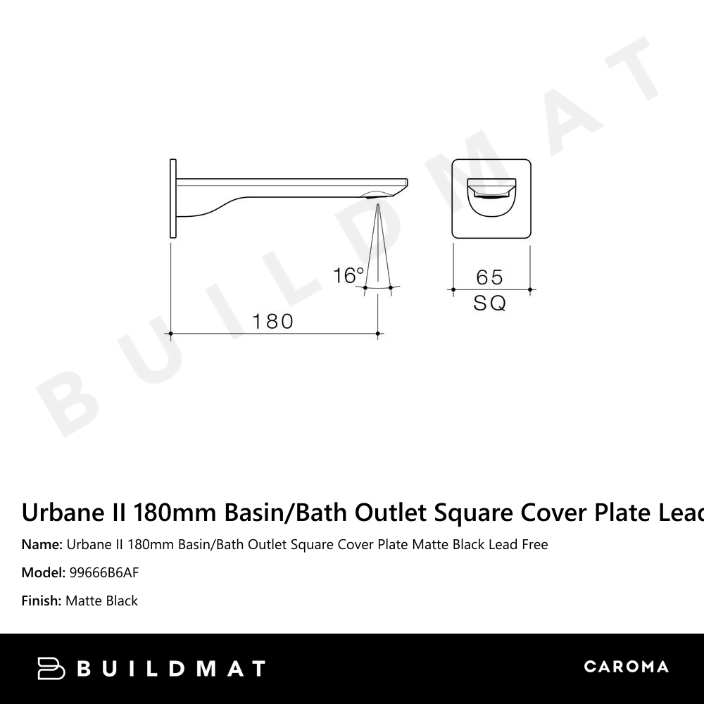 Urbane II 180mm Basin/Bath Outlet Square Cover Plate Matte Black Lead Free